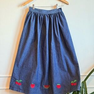 Vintage Sweater Loft Classic Denim Midi Skirt with Red embroidery